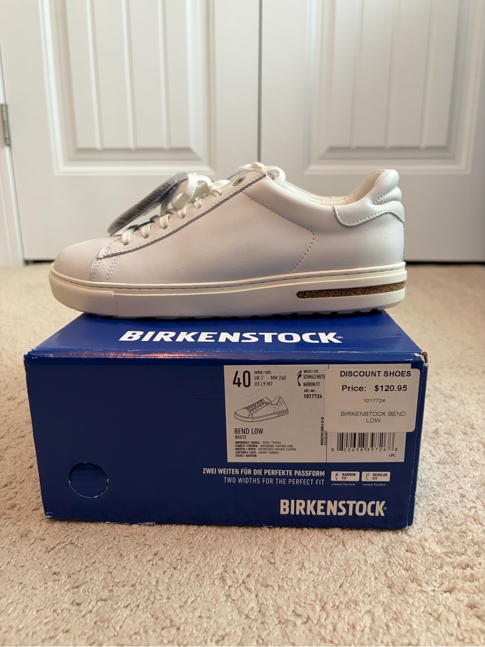 Birkenstock Bend Low Narrow Fit Womens Sz US 9 EU 40 White Leather Shoes NIB